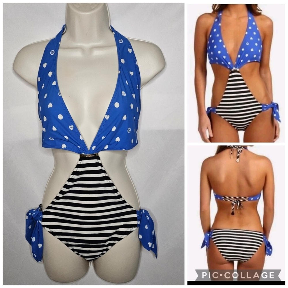 Juicy Couture Swim Royal Treatment Cut Out Monokini One Piece Stripe Polka Dot L
